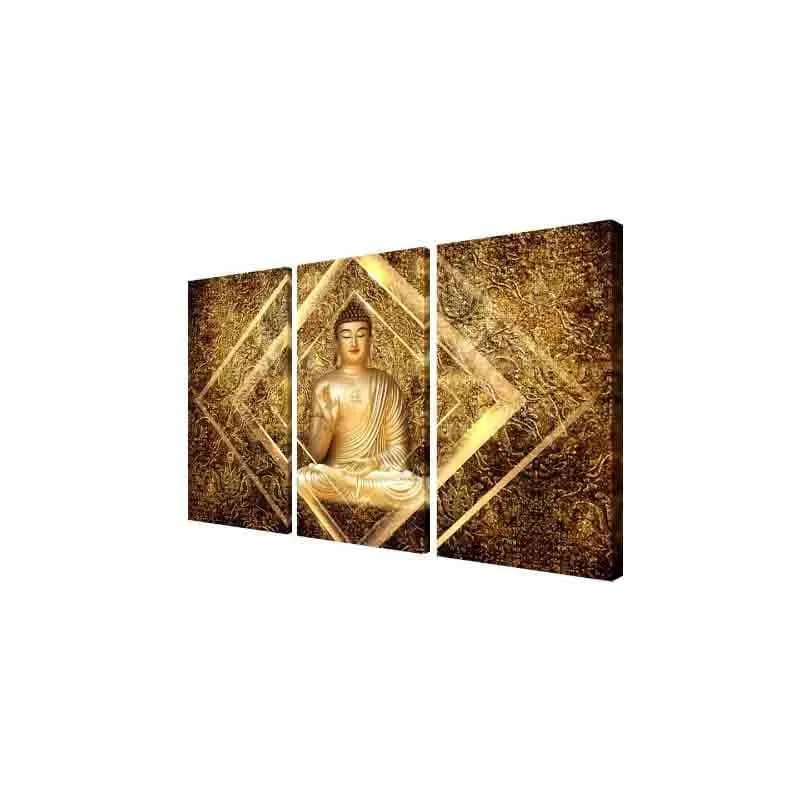 Angled view of a three-panel gold Buddha canvas wall art set on a white background.