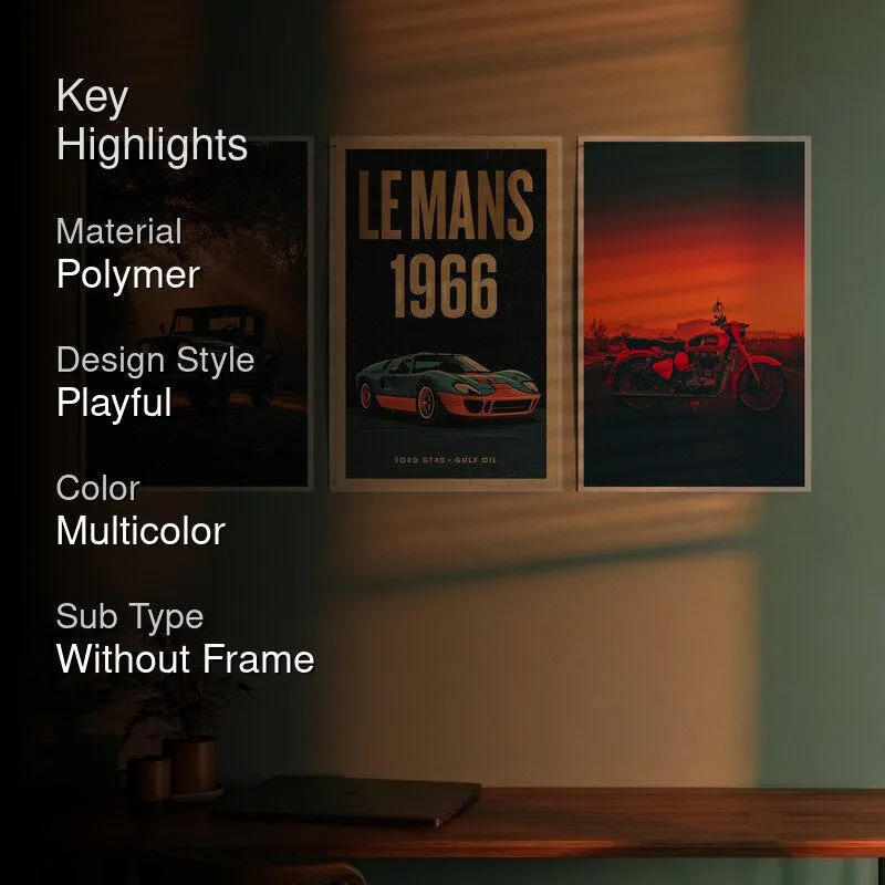 Key highlights graphic showing three automotive posters in a room setting