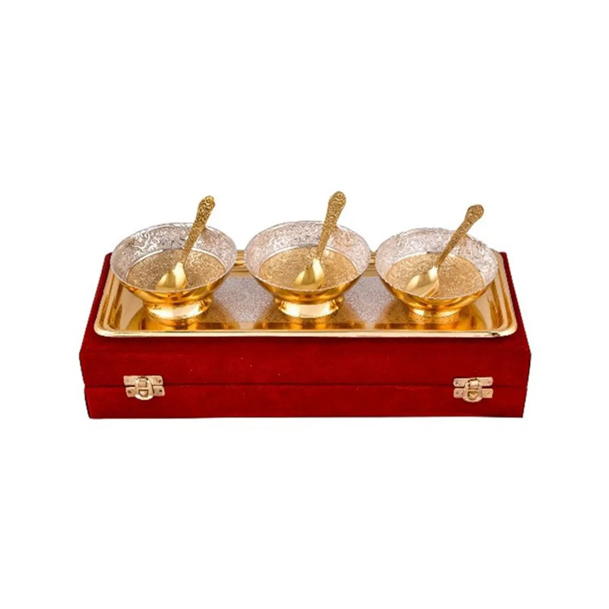 Seven-piece gold and silver bowl set with spoons on a red tray case