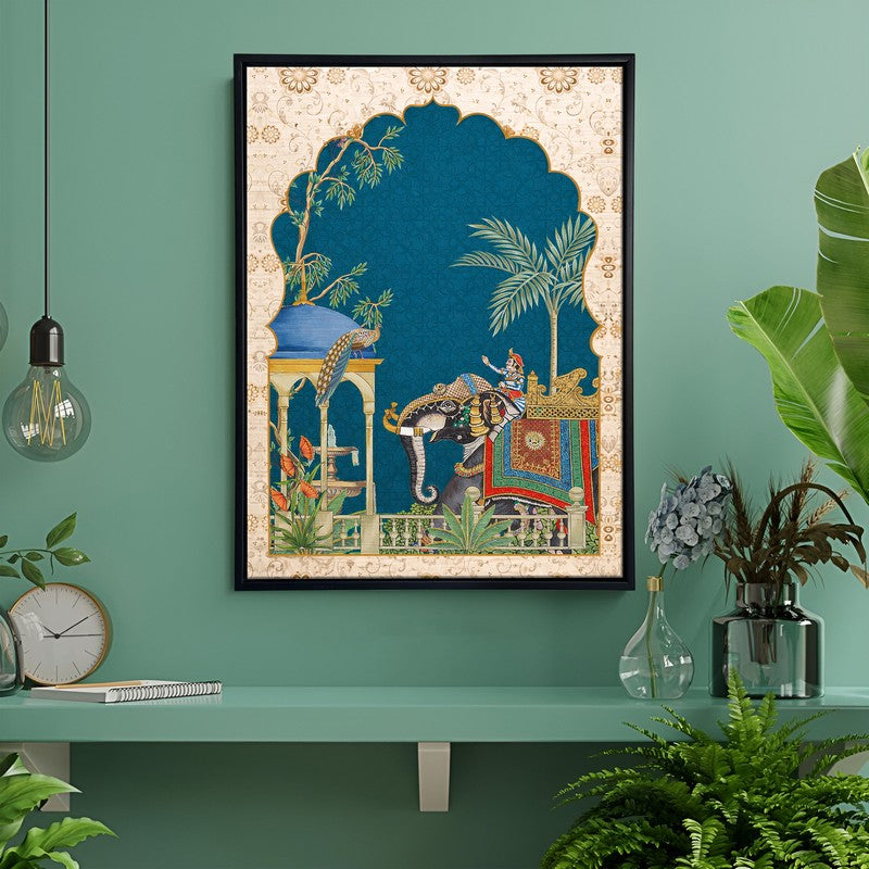 Jharokha Mughal Elephant Canvas Wall Painting With Frame