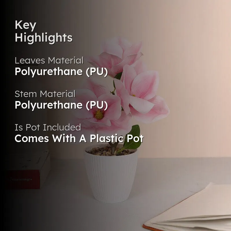 Magnolia Artificial Flower Plant With Black Plastic Pot - Pink media 2