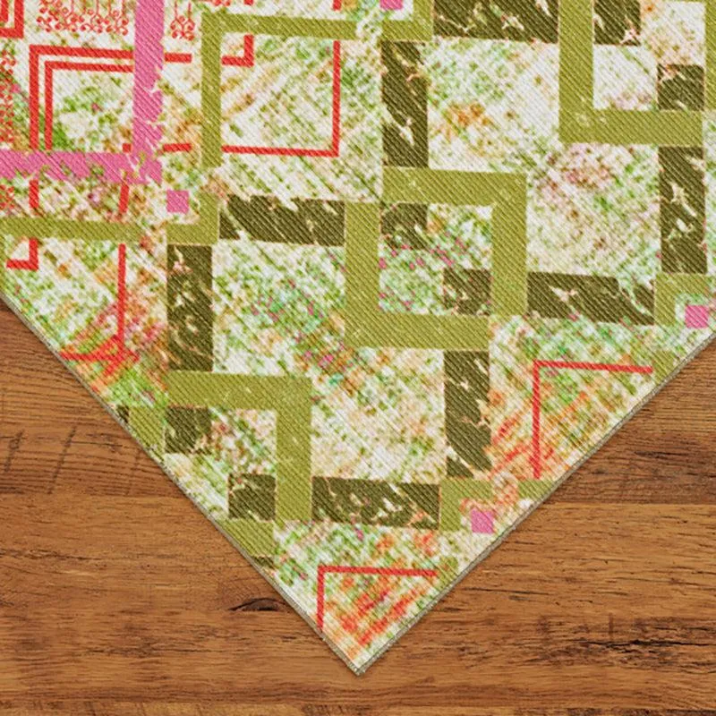 Thrain Geometric Polyester Anti-Skid Carpet - Green & Pink media 7