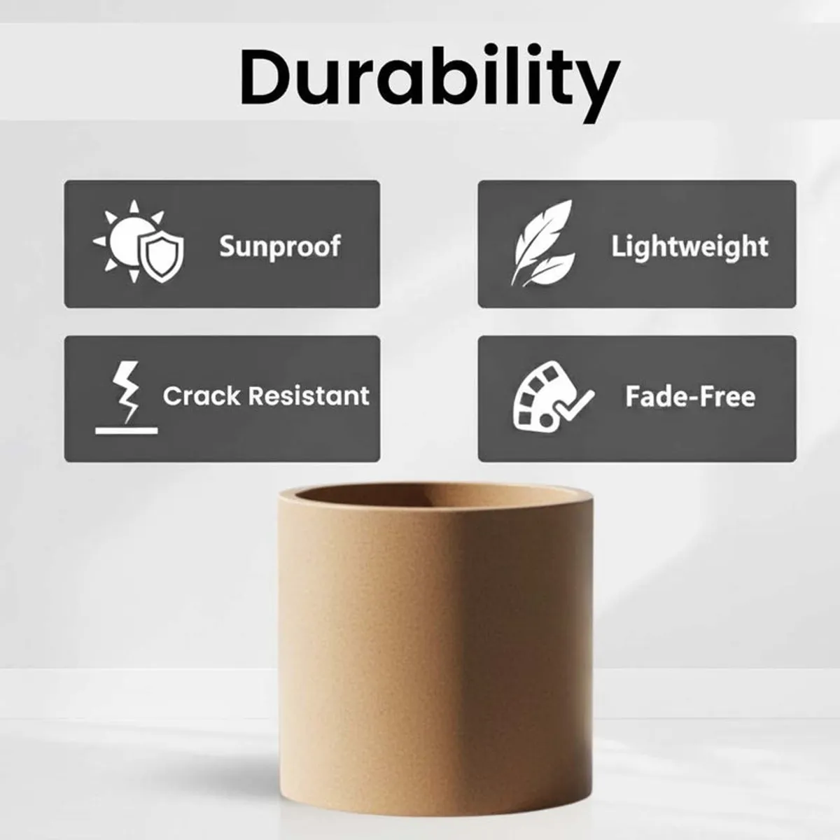 Brown cylindrical planter shown against a light background.