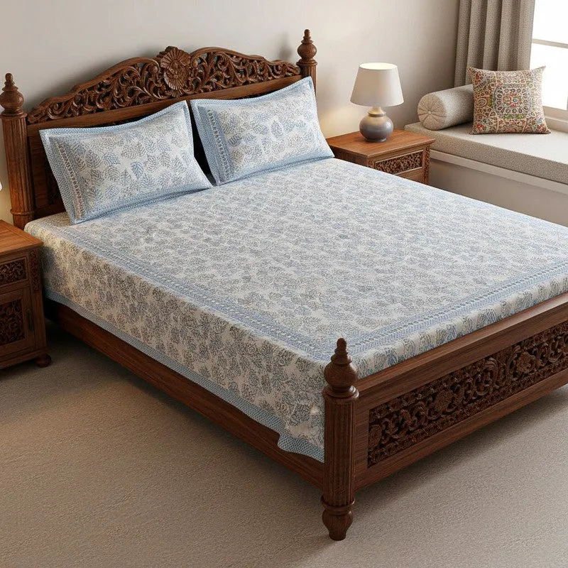 Nistara Floral Cotton Bedsheet (Blue) - 144 TC media 1