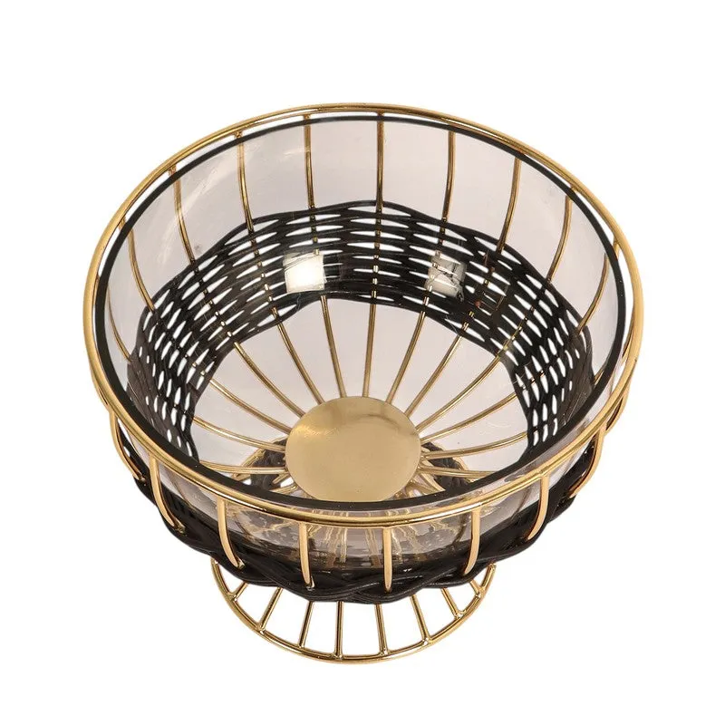 Top view of the round glass bowl with black and gold detailing and a raised base.