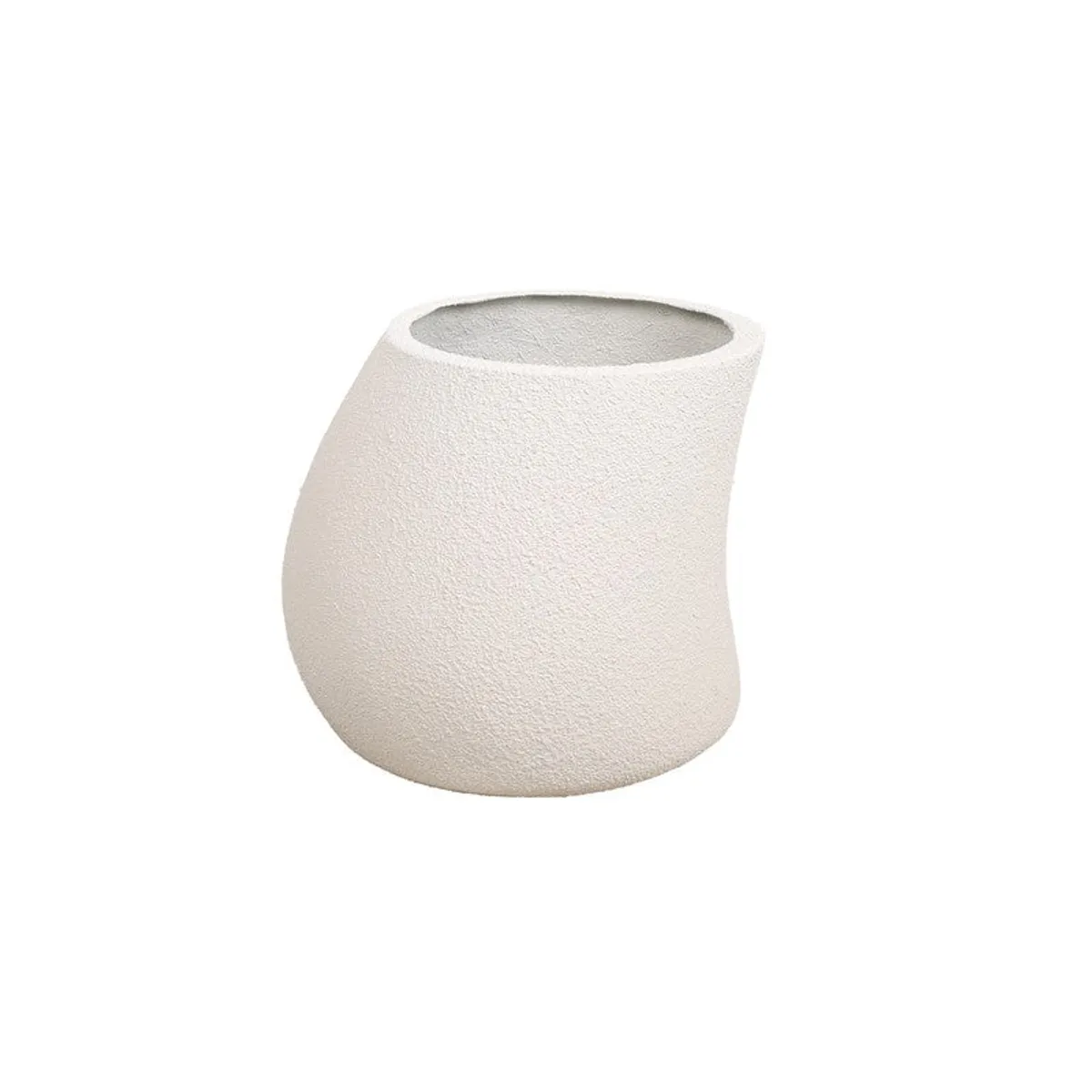 Close view of the white planter's angled oval opening and rounded body