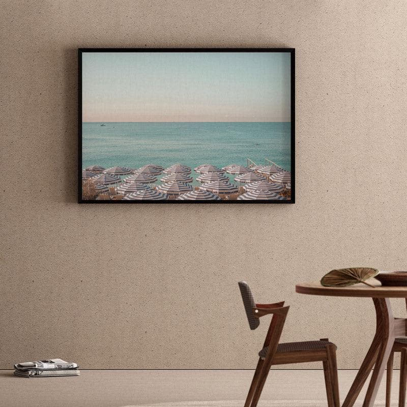 Riviera Beach Umbrellas Canvas Wall Painting - Black Frame