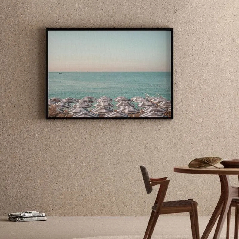 Riviera Beach Umbrellas Canvas Wall Painting - Black Frame media 1