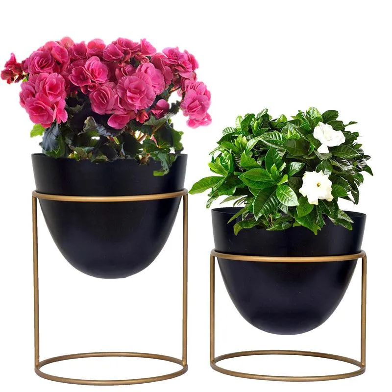 Trudene Metal Pot With Stand (Black & Gold) - Set Of Two media 5