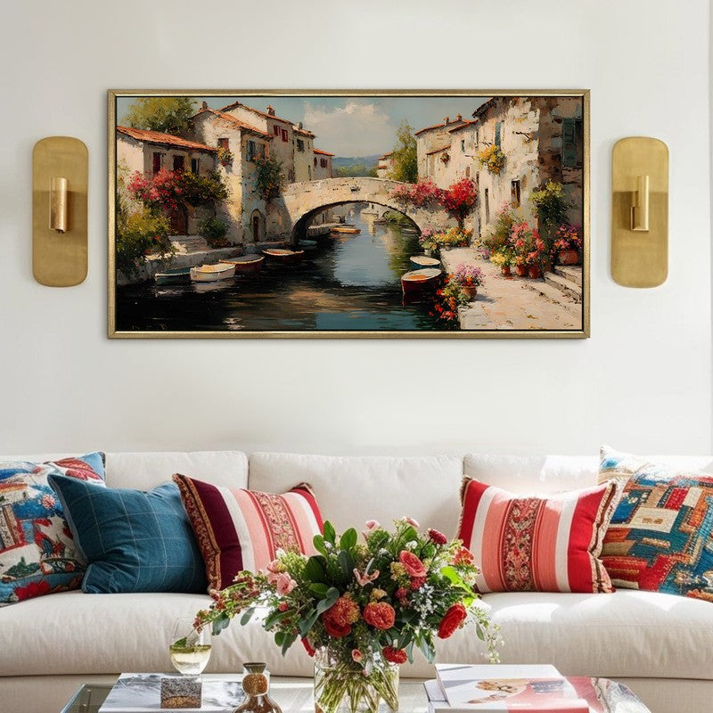Bloomlit Canal Canvas Wall Painting With Frame
