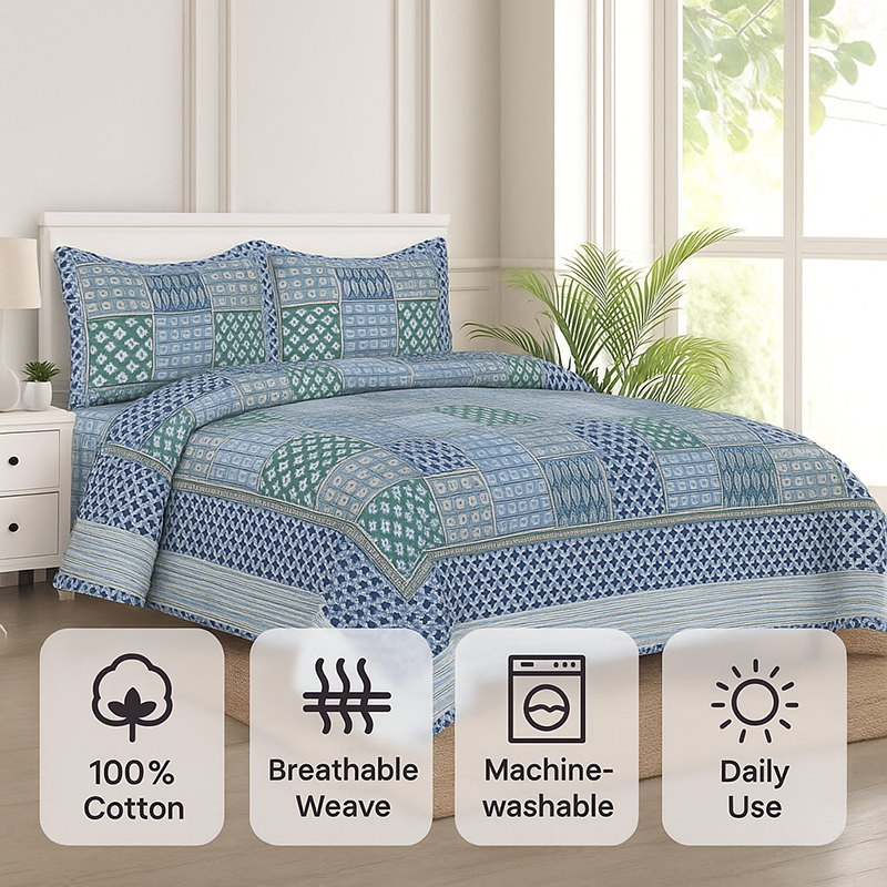 Jarda Applique Print Cotton Bedsheet (Blue) - 180 TC media 5