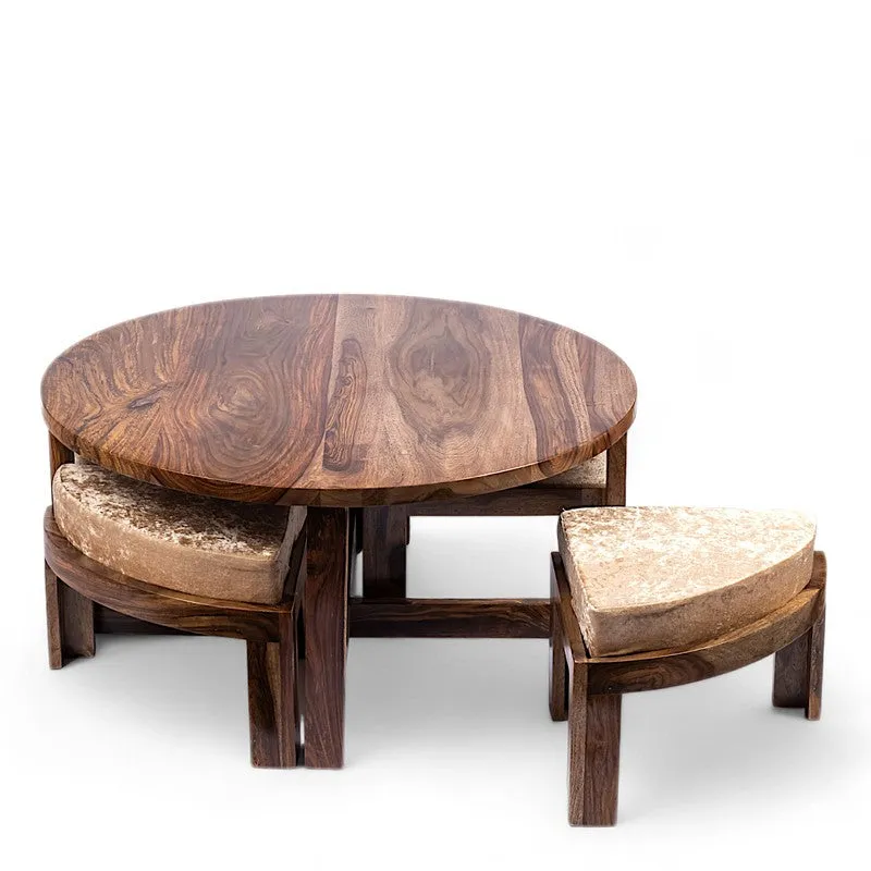 Iveron Sheesham Wooden Center Table with Stools and Cushions (Brown,Beige) - Nine Piece Set media 6