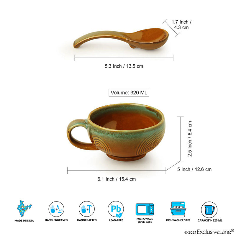 Kalika Handglazed Ceramic Soup Bowl With Spoon (Beige/320 mL) - Four Piece Set media 7