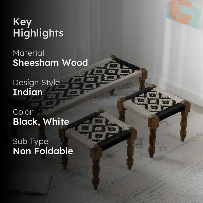 Calrix Sheesham Wooden Bench with Stools (Black,White) - Three Piece Set media 2