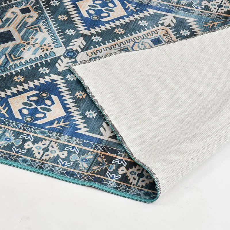 Close-up of blue and white carpet pattern with its anti-skid underside visible