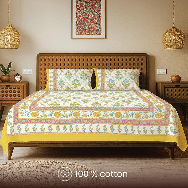 Urban Space Botanical Charm Cotton Bedsheet (Yellow) - 240 TC media 4