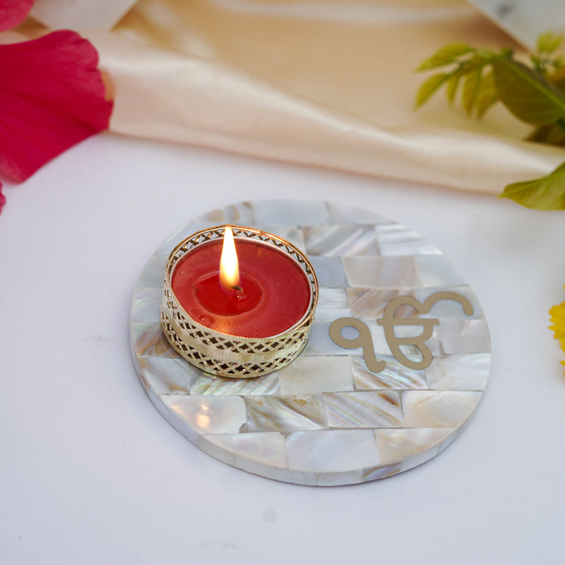 In Onkar Mother Of Pearl Tealight Candle Holder With Marble Base