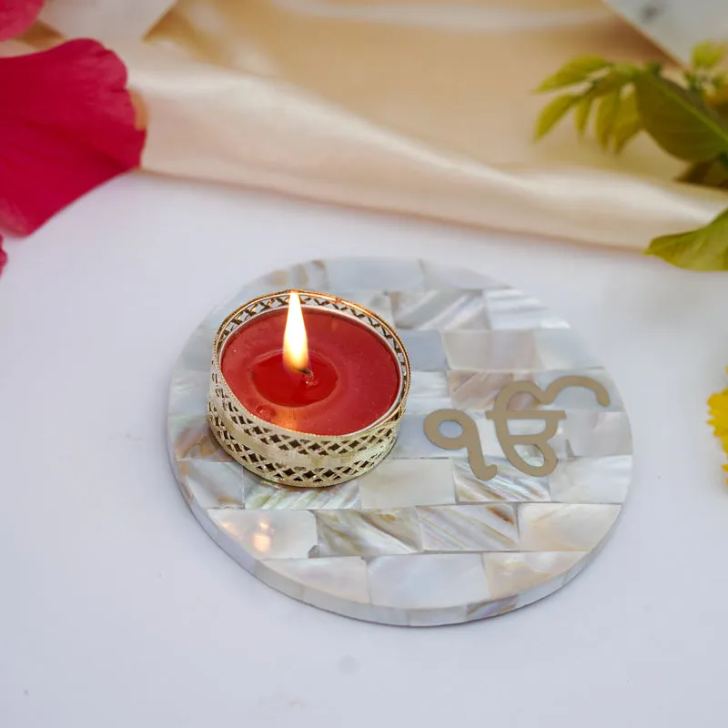 In Onkar Mother Of Pearl Tealight Candle Holder With Marble Base media 1