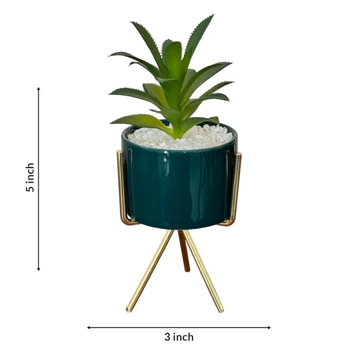 Green ceramic planter with artificial plant shown against a white background