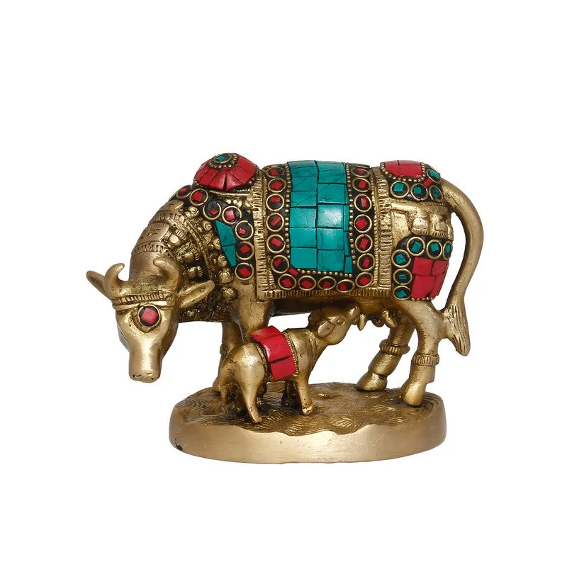 Front view of multicolour Gau Mata brass idol with calf