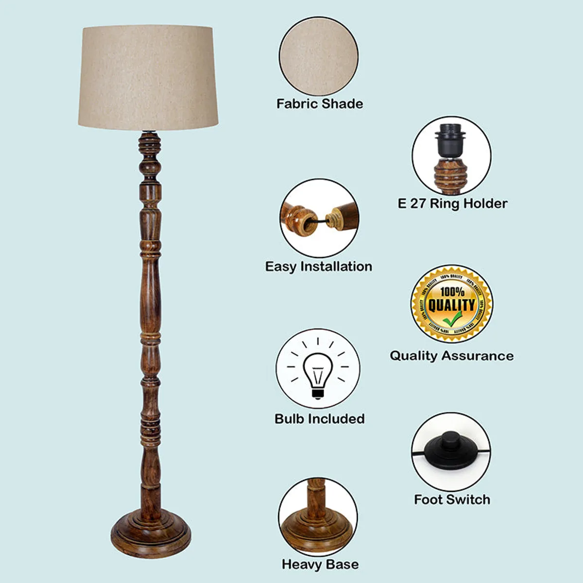 Wooden floor lamp with beige shade and circular detail close-ups on a blue background