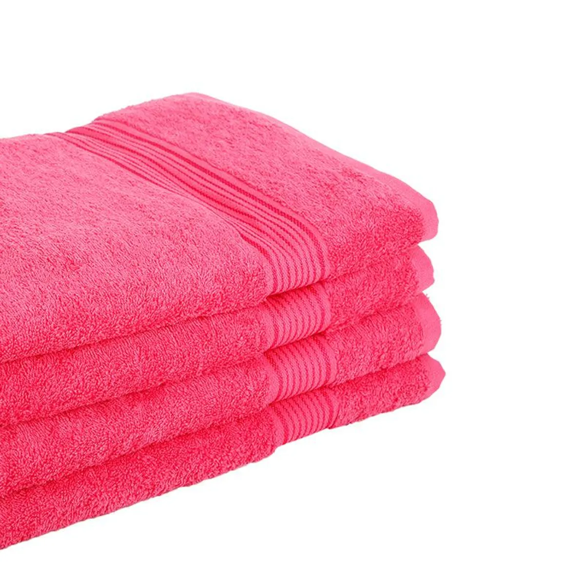 Close-up stack of plush pink bath towels showing the textured surface