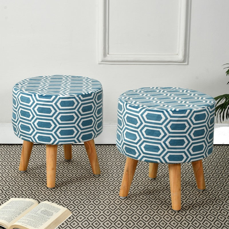 Hexora Blue Box Print Multicolor Engineered Wood Ottomans - Set Of Two