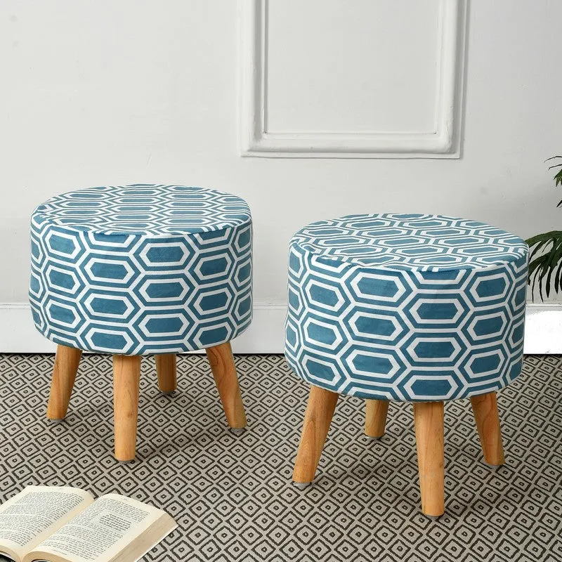 Hexora Blue Box Print Multicolor Engineered Wood Ottomans - Set Of Two media 1