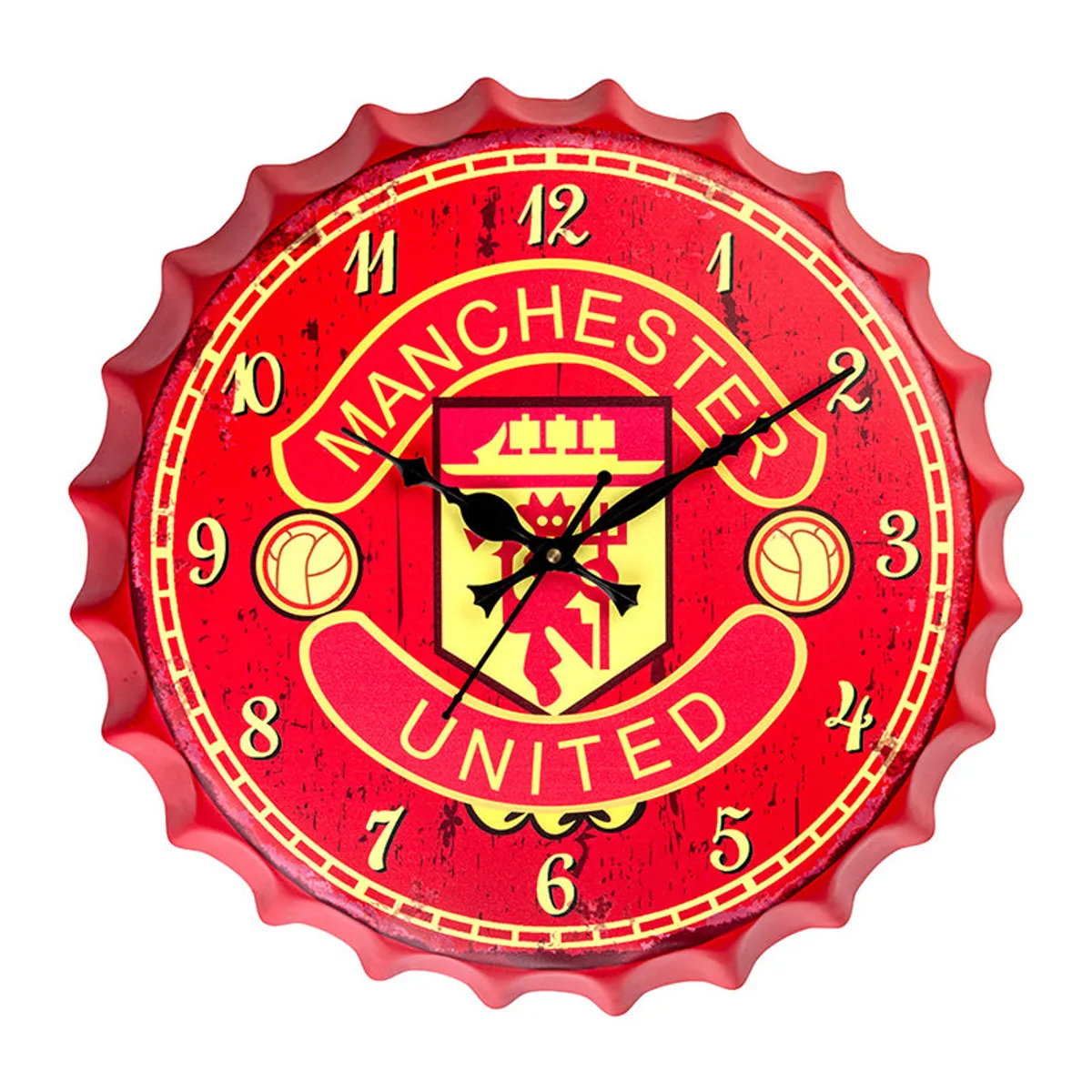 Front view of a round red Manchester bottle-cap wall clock