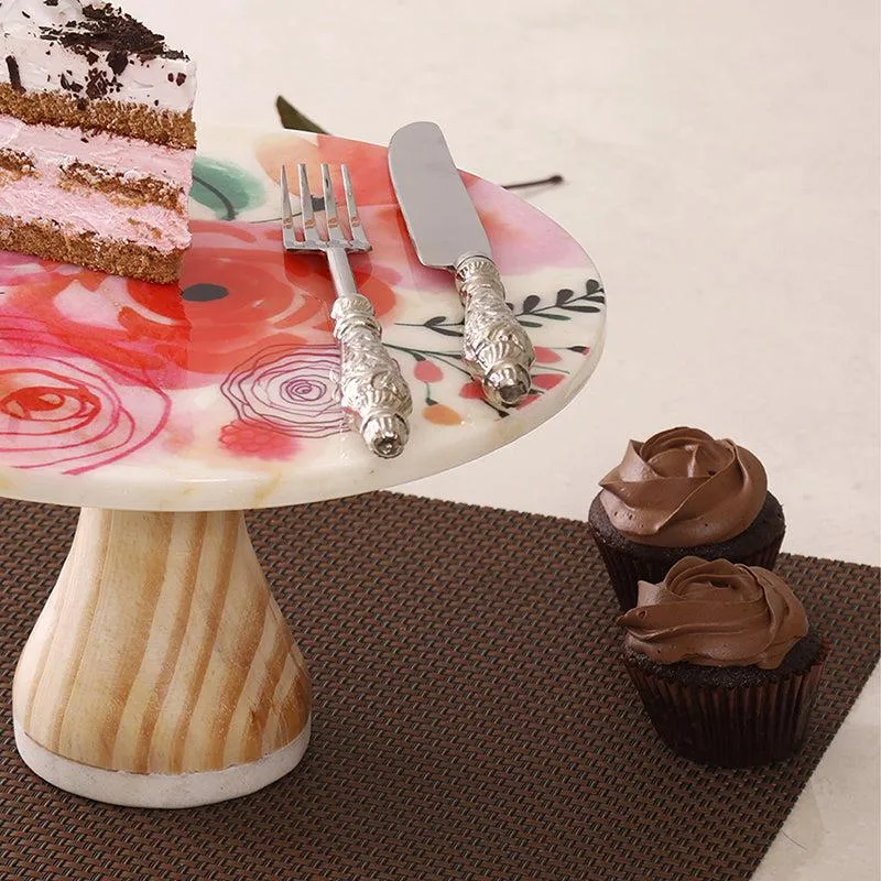 Spring Roses Printed Marble & Wood Cake Stand media 3