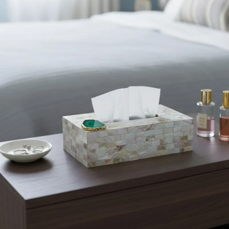 Suzzaine Handcrafted Mother Of Pearl & Agate Tissue Box - Green & Beige media 7