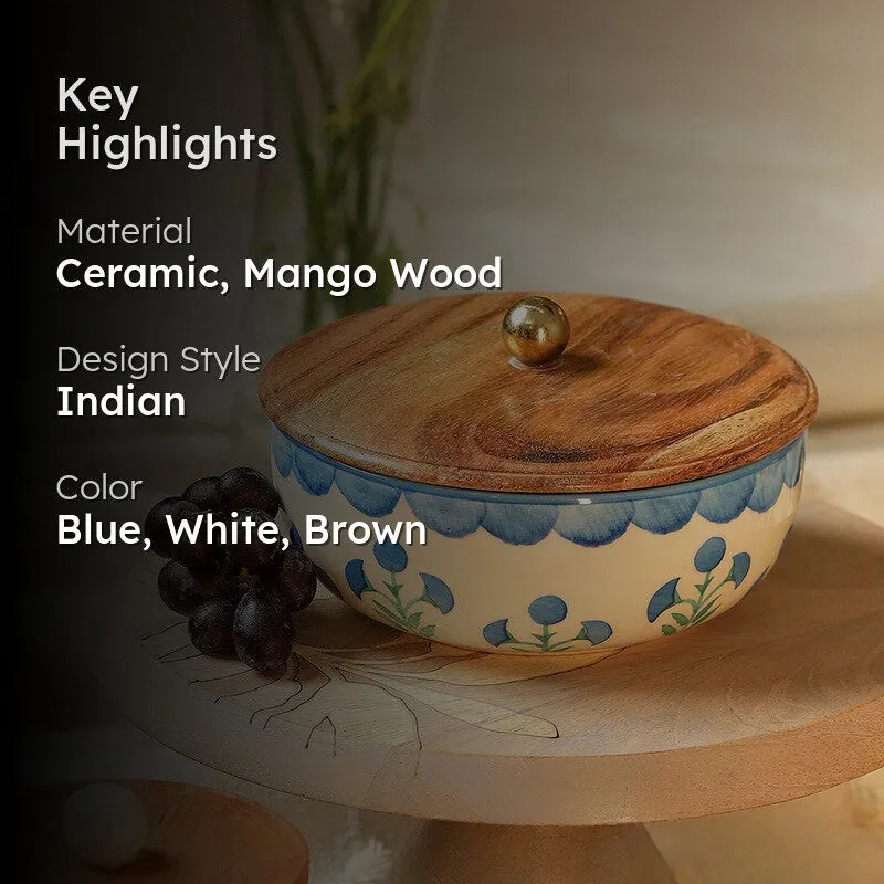Blossom Petal Whisper Ceramic Bowl with Mango Wood Lid - 750 mL media 2