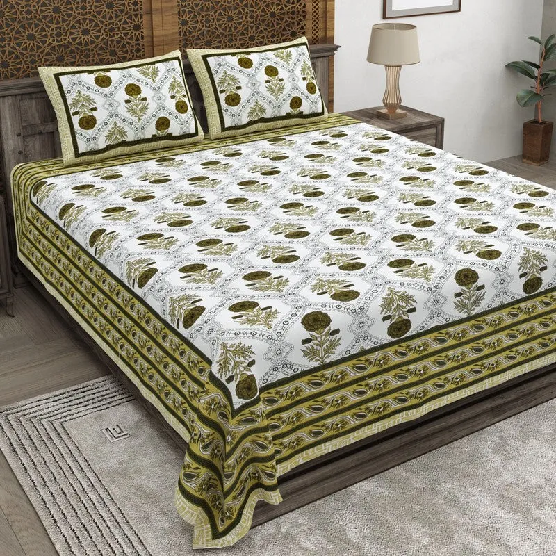 Vineen Cotton Bedsheet (Olive Green,White) - 240 TC media 1