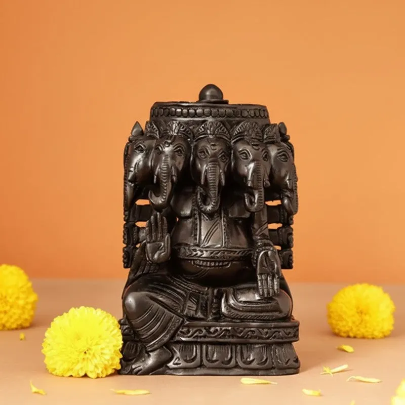 Panchamukhi Lord Ganesh Ebony Wood Idol media 4
