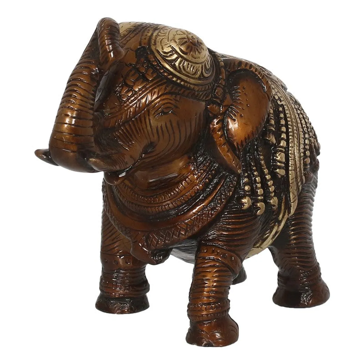 Front angled view of carved elephant showpiece in brown and gold