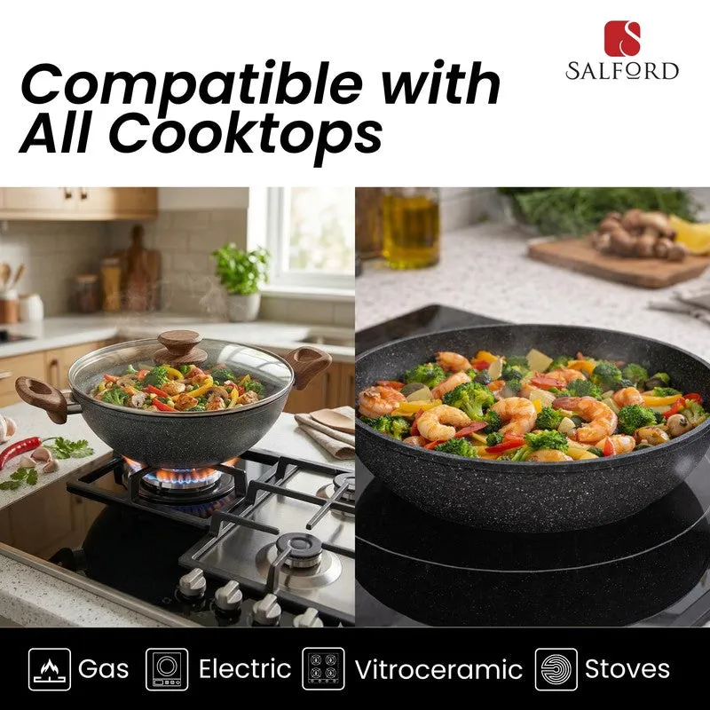 Salford Forged Non Stick Kadai with Glass Lid (Black Marble) -  3200 mL media 6
