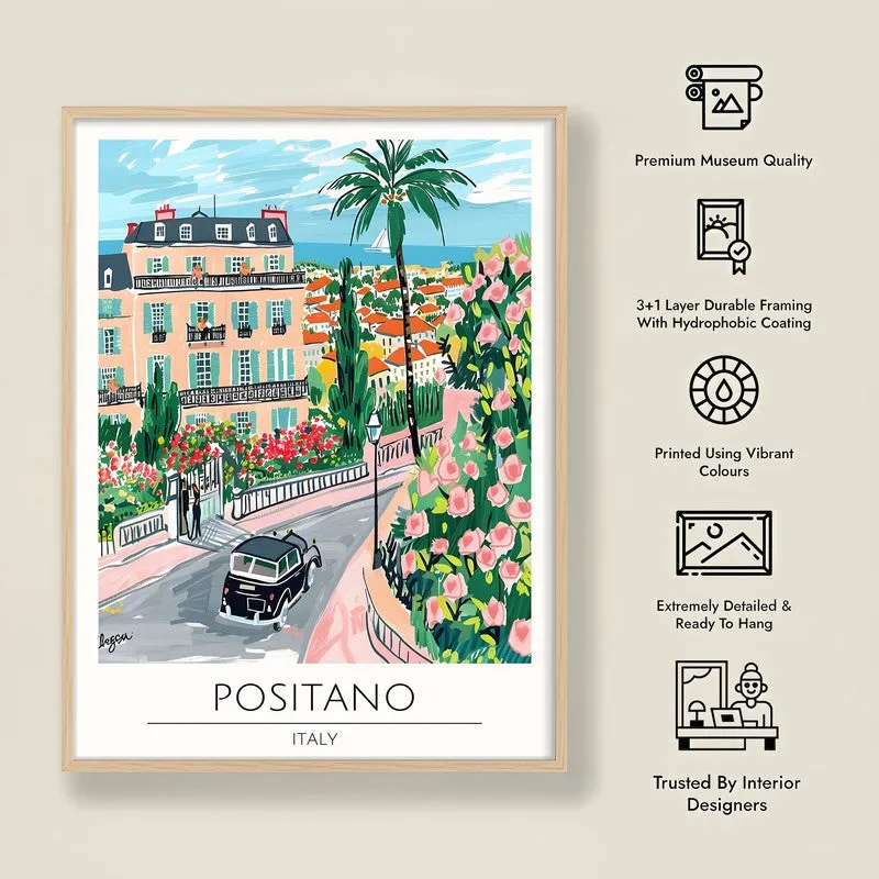 Vintage Positano Framed Canvas Archival Canvas Wall Painting - Natural Brown Frame media 8