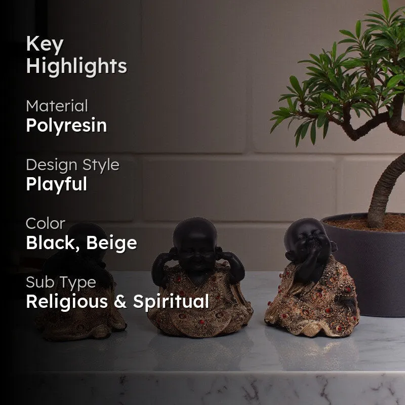Virtue Laughing Buddha Showpiece (Black) - Set Of Three media 2