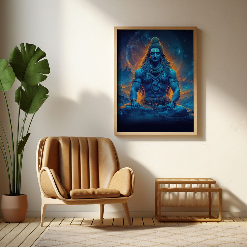 Peaceful Mahadev Meditating I Archival Paper Wall Art - Natural Brown Frame