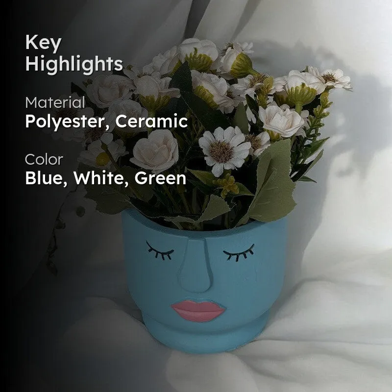 Faux Aster Artificial Flower With Pot - White & blue media 2