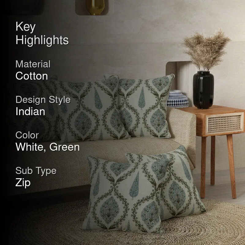 Teardrop Motif White & Green Cushion Cover Set - Set Of Five media 2