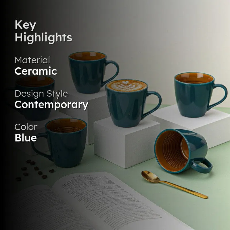 Karvaa Ceramic Coffee Mug (Cyan/350 mL Each) - Set Of Six media 2