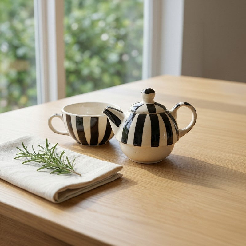Striped Ceramic Tea Pot & Cup