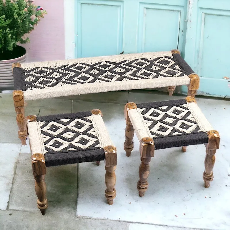 Calrix Sheesham Wooden Bench with Stools (Black,White) - Three Piece Set media 3