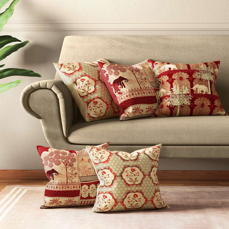 India Circus Ancient Gajaraja Printed Satin Cushion Cover - Set Of Five