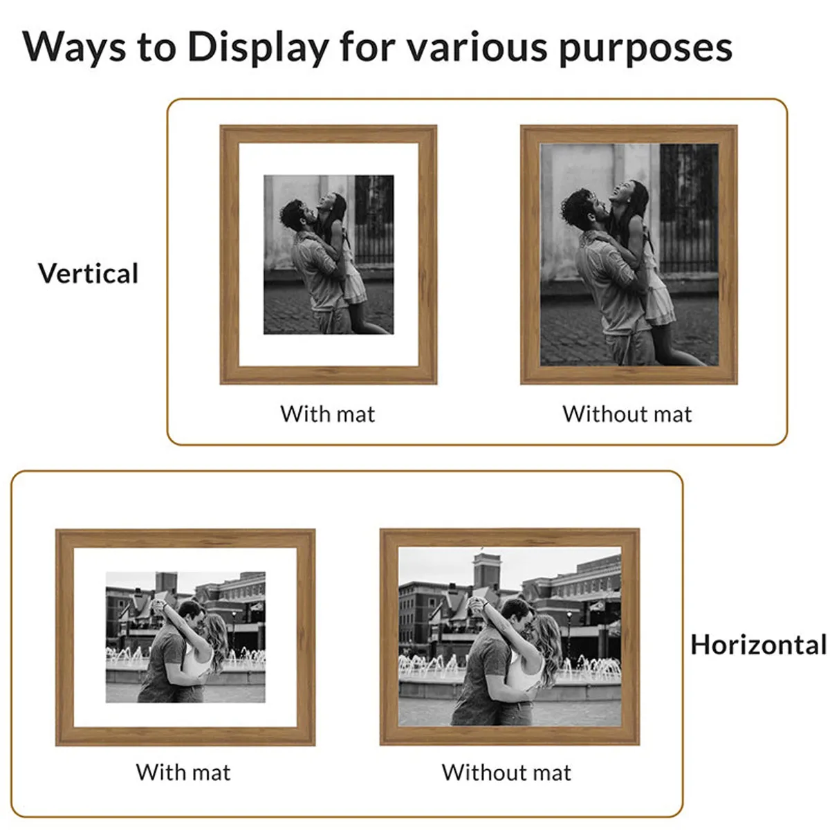 Brown rectangular photo frame shown in vertical and horizontal display orientations.