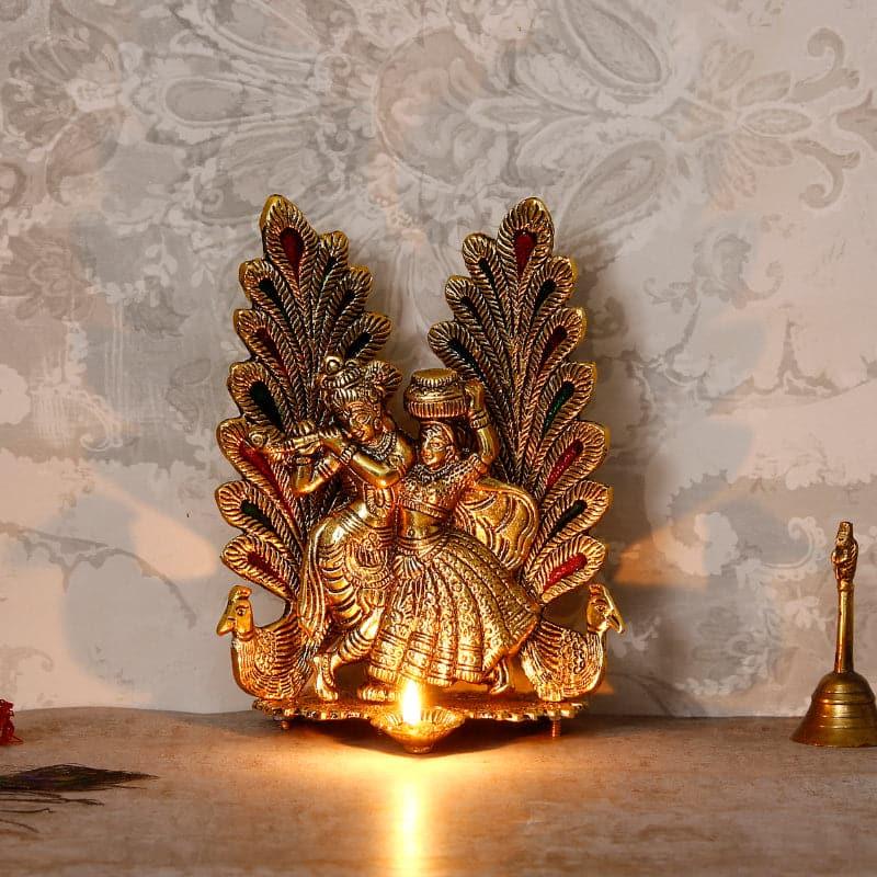 Radha Krishna Decorative Metal Diya - Gold