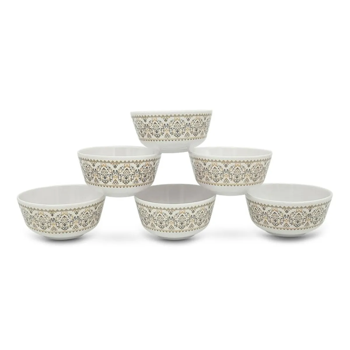 White snack bowls shown stacked and tipped to display their patterned sides