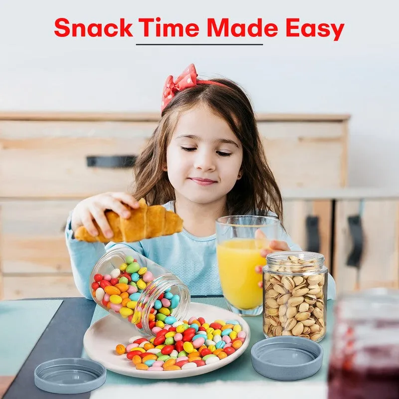 Blue-lidded glass jar of snacks beside a child enjoying snack time