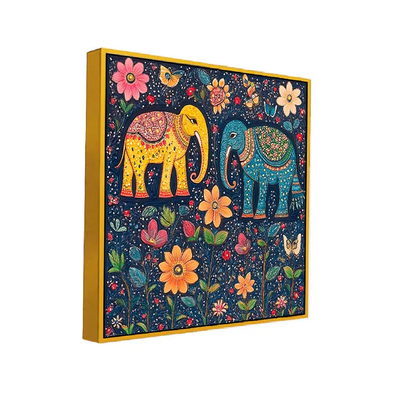 Psychedelic Haathi Canvas Wall Painting With Frame - Gold media 3